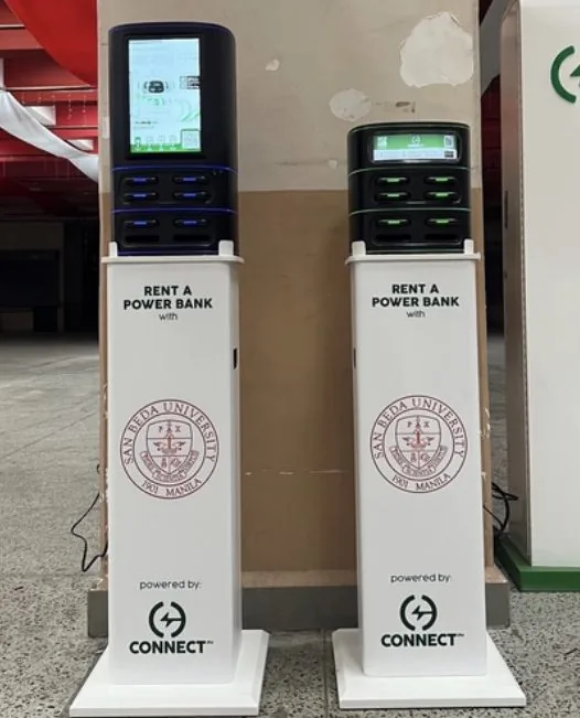 Recharge power bank rental kiosks with San Beda University seals