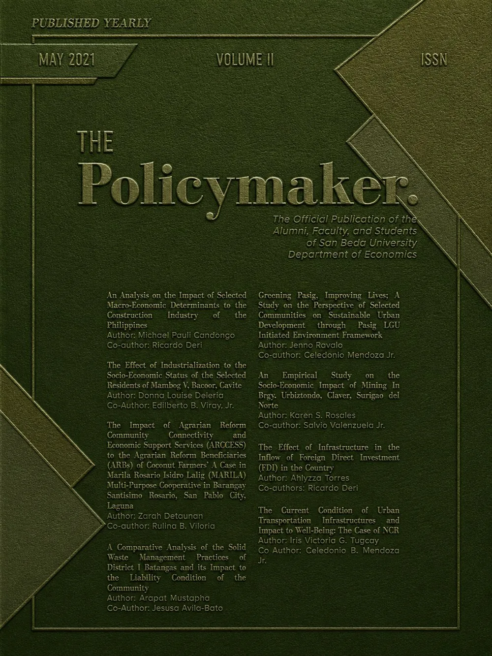 The Policymaker Volume II cover, May 2021, gold lettering listing the volumeâ€™s eight studies