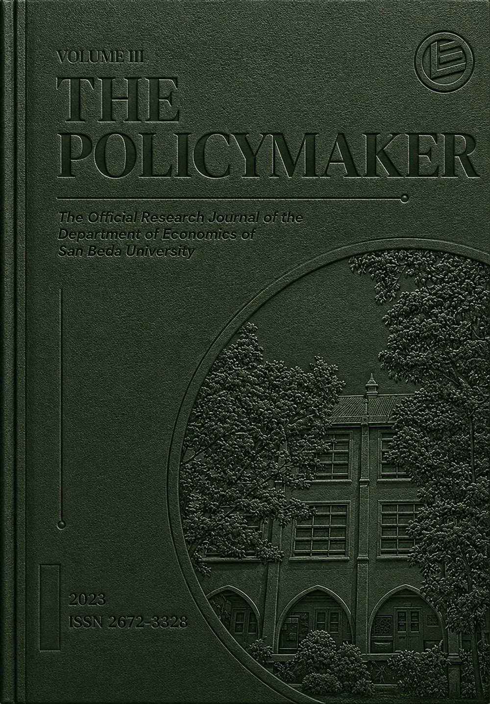 The Policymaker Volume III cover, 2023, engraved San Beda cloister in a porthole frame